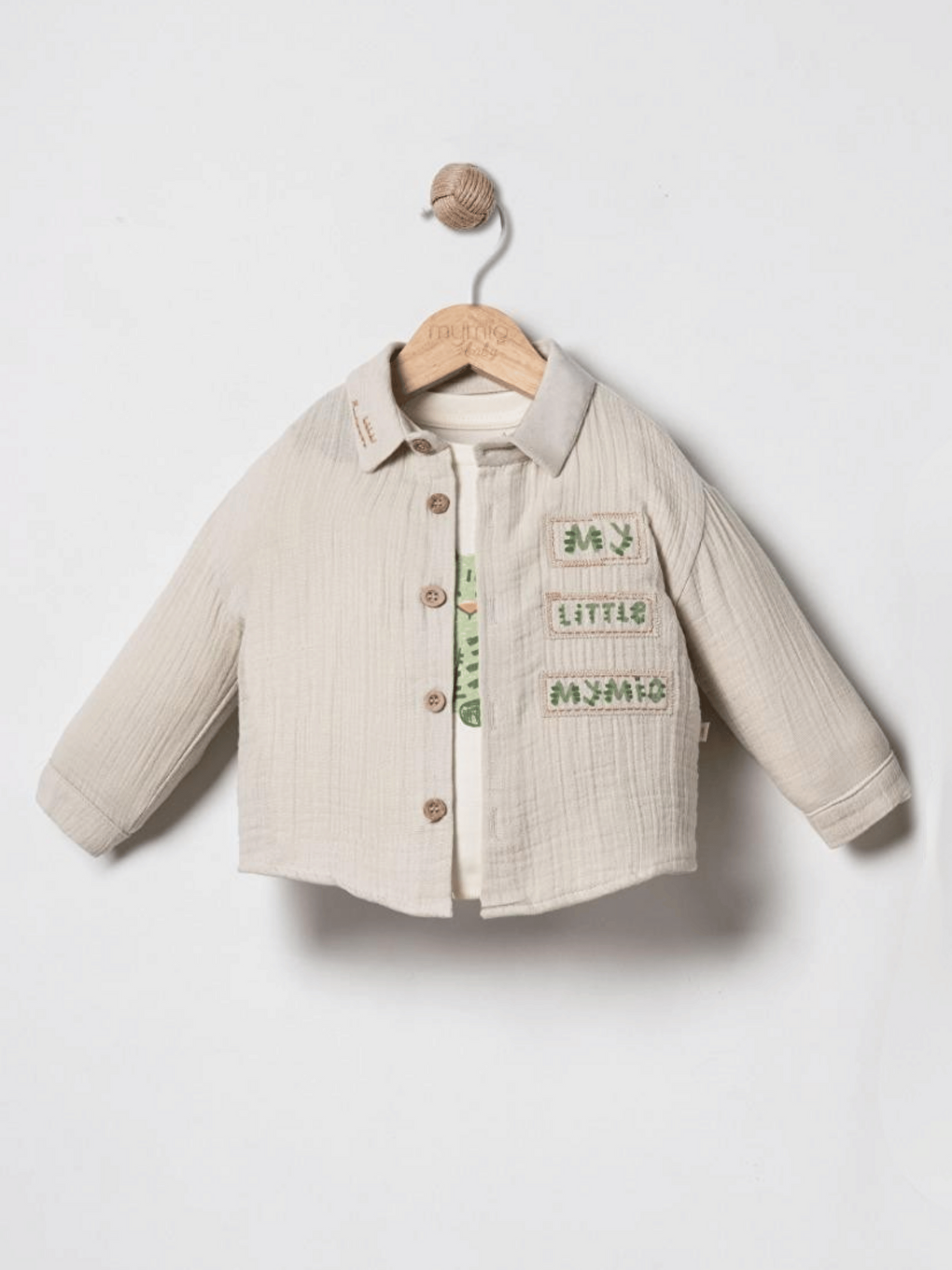 Bej Müslin Gömlek Pantolon Uzun Kollu Tişört Erkek Bebek 3'lü Takım-1