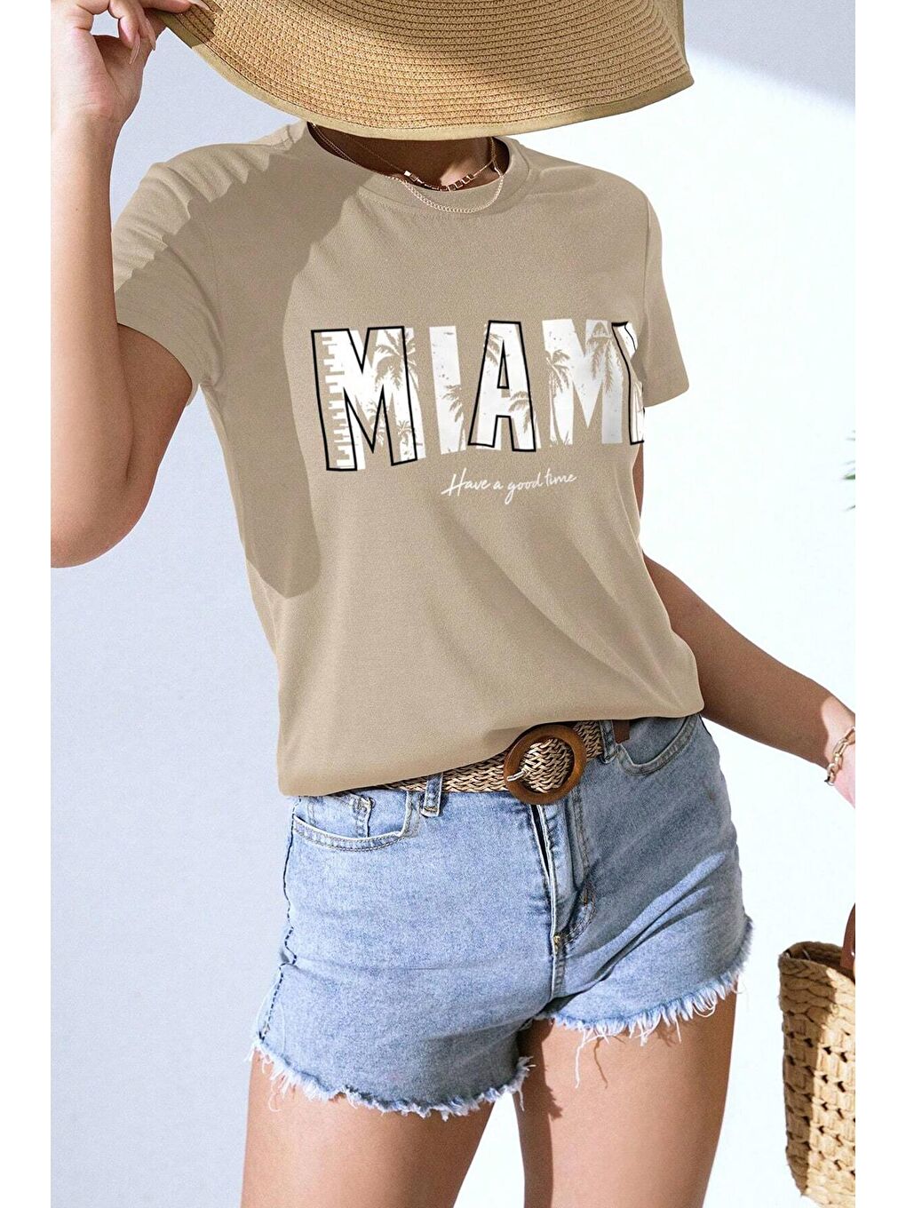 uyguntarz Bej Unisex Miami Baskılı Oversize Tshirt - 1