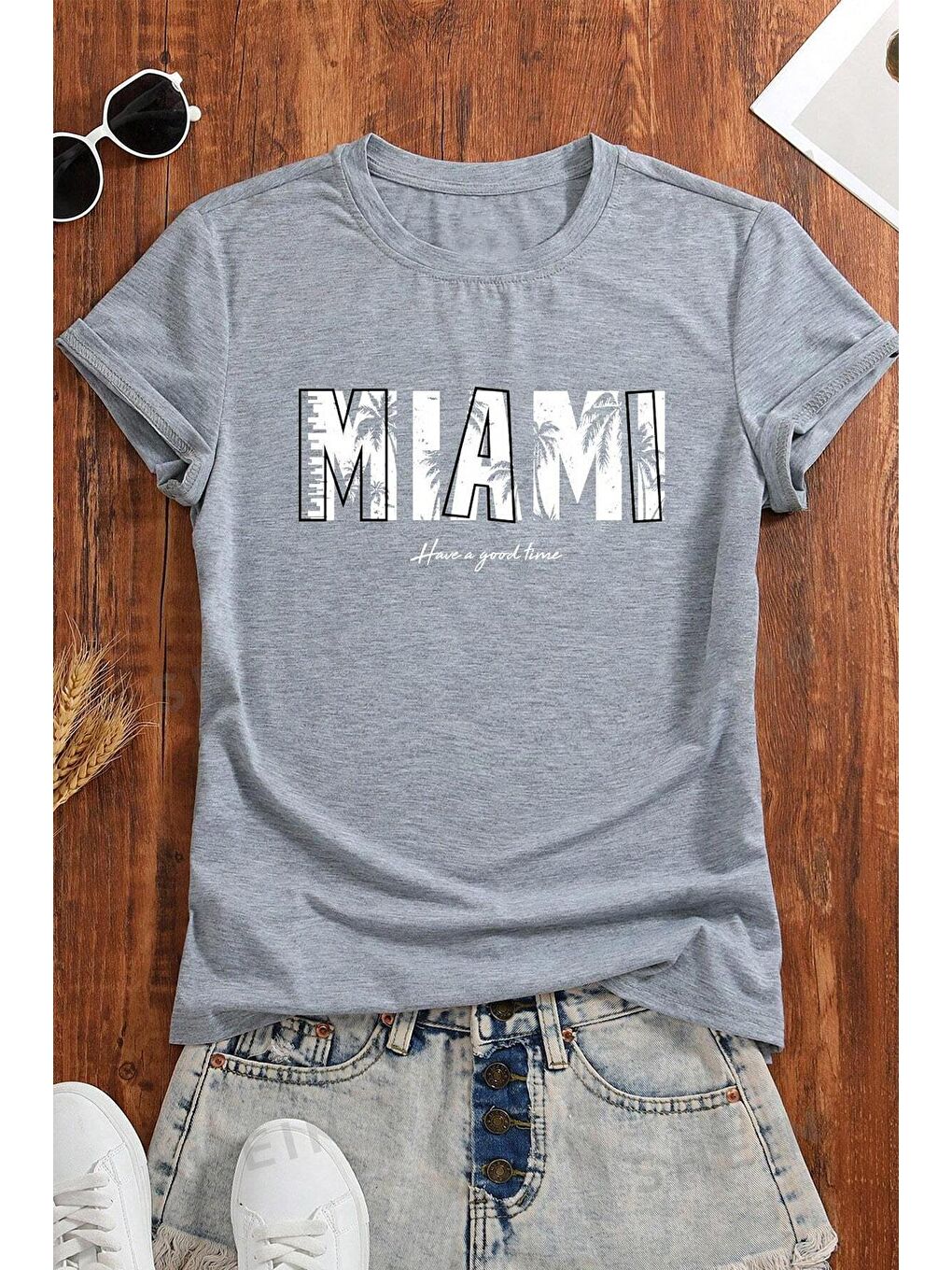 uyguntarz Gri Unisex Miami Baskılı Oversize Tshirt