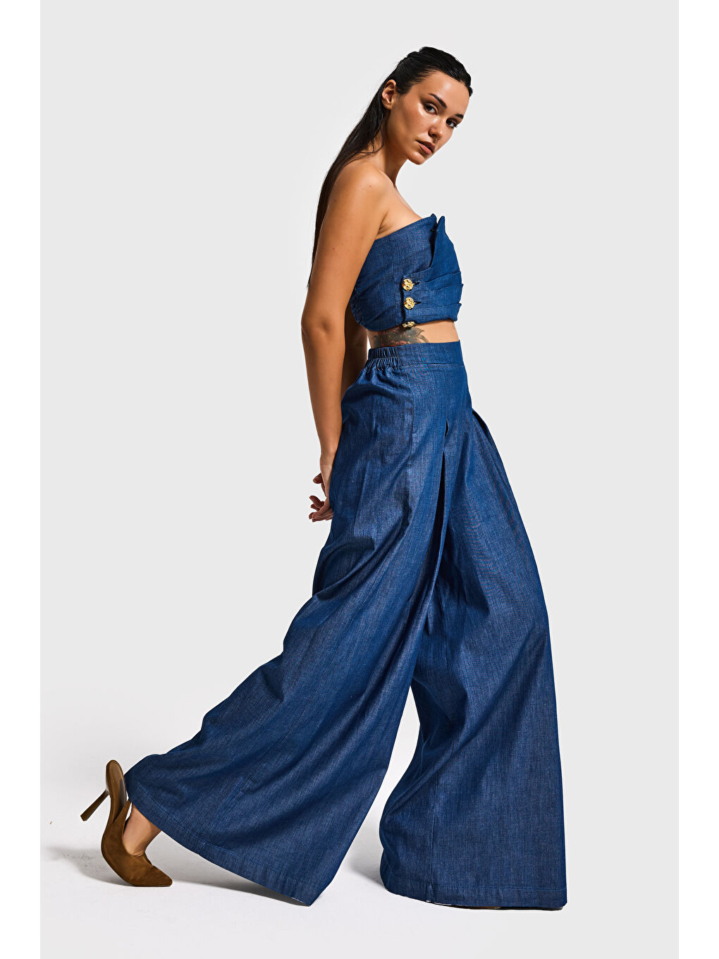 Kadın İndigo 7s6-50 Süper Palazzo Elastan Kumaş Denim Pantolon-2