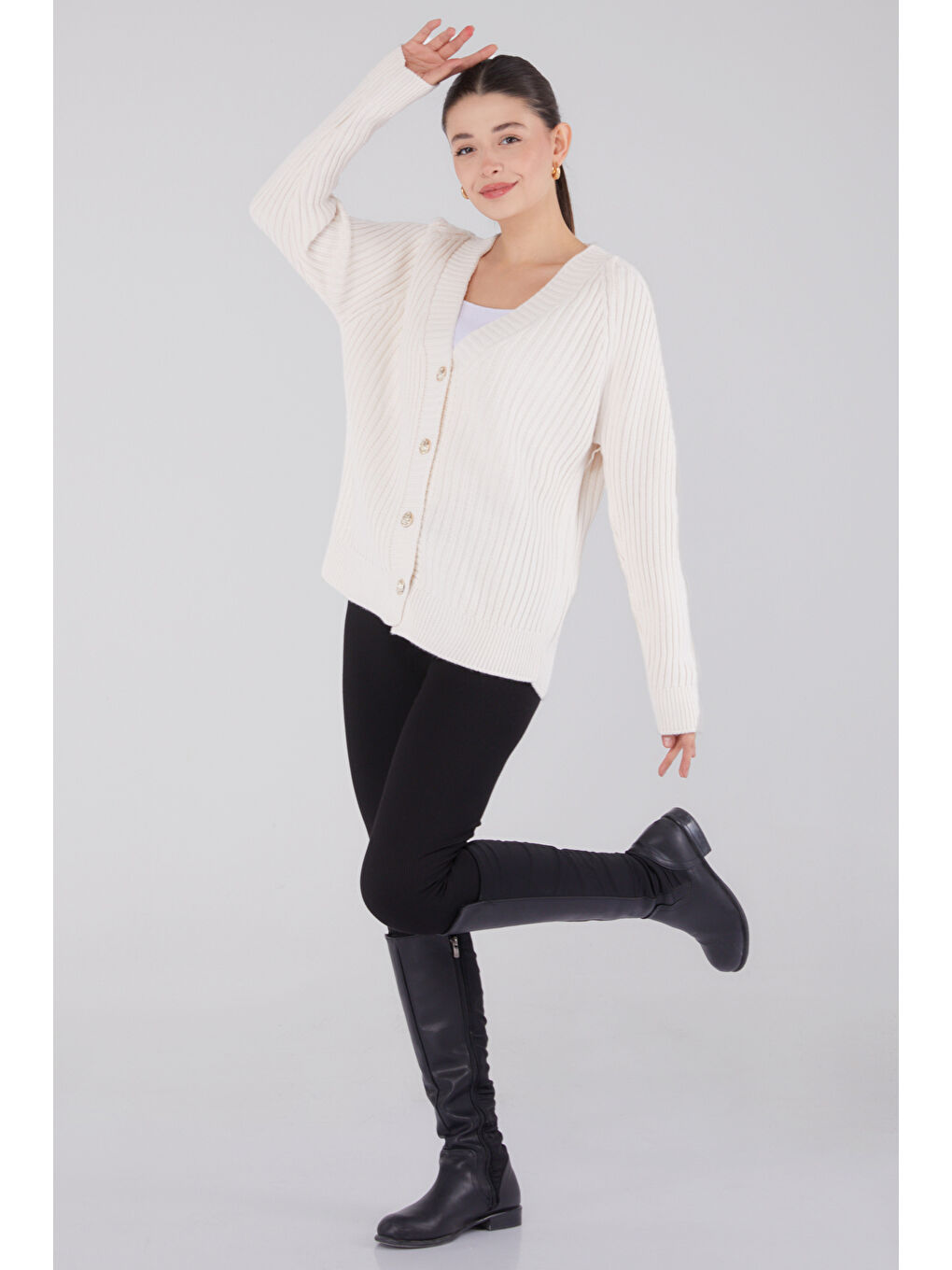 Düğmeli Fitilli Triko Hırka Bej - 27665-1