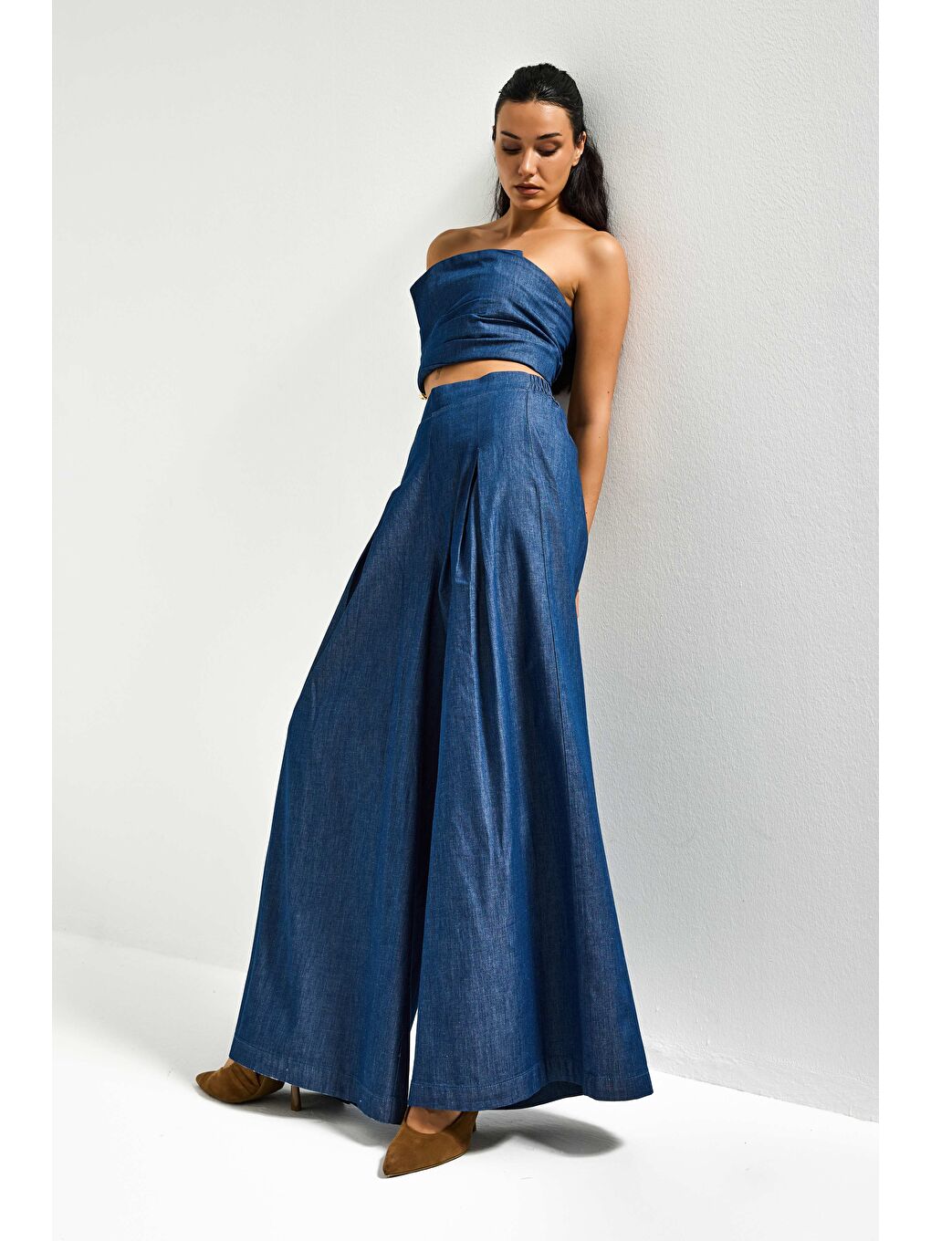 Kadın İndigo 7s6-50 Süper Palazzo Elastan Kumaş Denim Pantolon-3