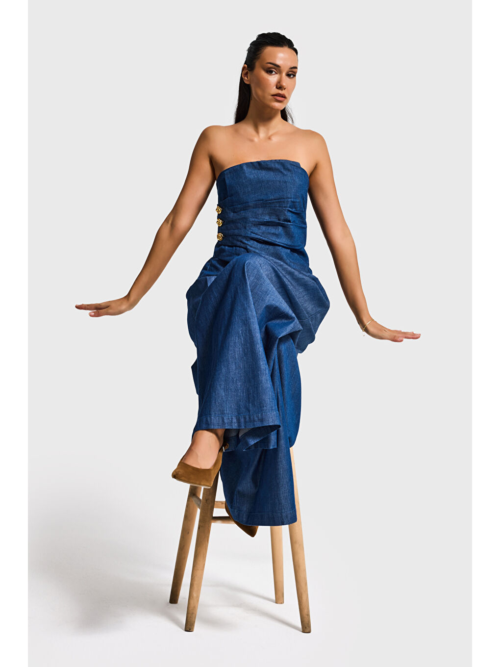 Kadın İndigo 7s6-50 Süper Palazzo Elastan Kumaş Denim Pantolon-4