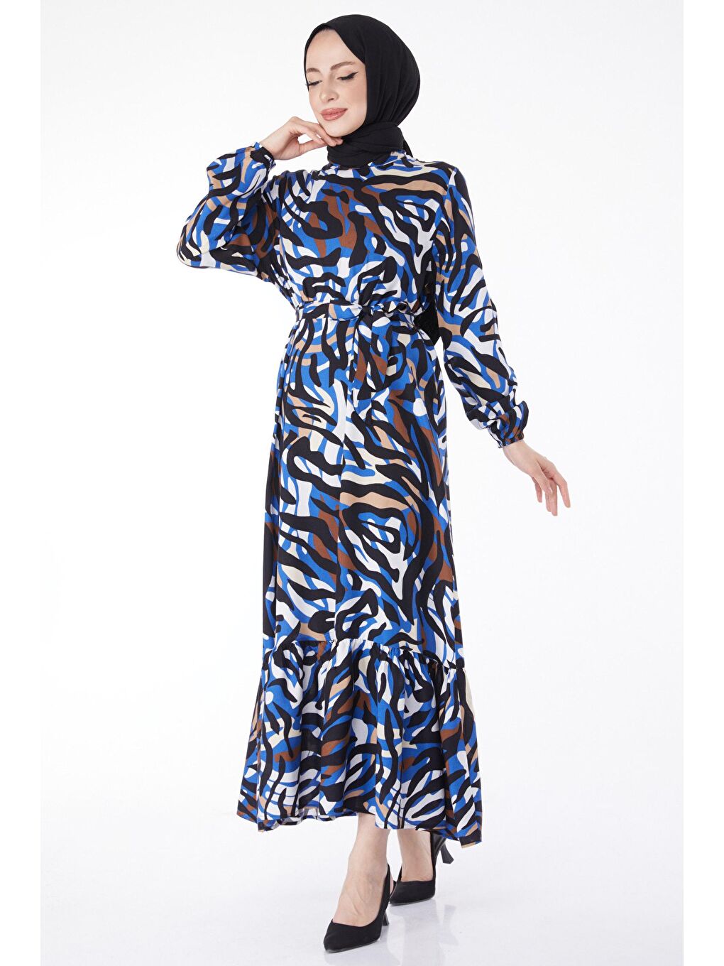 Hakim Yaka Kadın Mavi Kuşaklı Desenli Elbise - 24893-1