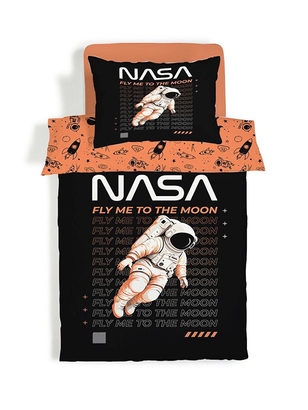 Karışık Çift Taraflı Astronot Desenli Çarşafsız Takım Tek Kişilik Nevresim Takımı 160x220 Cm-1