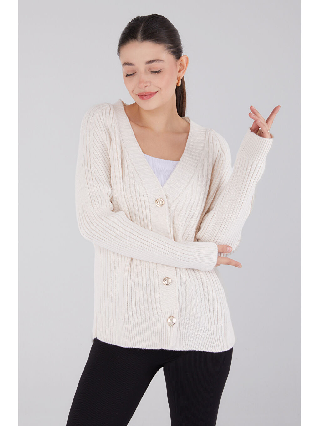 Düğmeli Fitilli Triko Hırka Bej - 27665-2