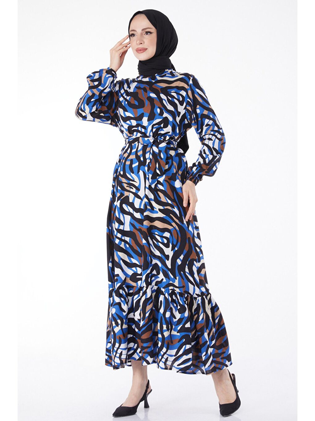 Hakim Yaka Kadın Mavi Kuşaklı Desenli Elbise - 24893-2