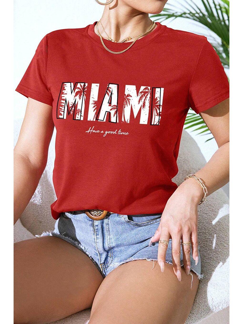 uyguntarz Kırmızı Unisex Miami Baskılı Oversize Tshirt