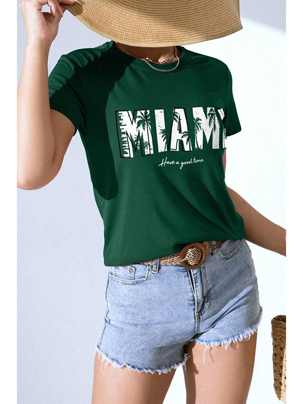 uyguntarz Yeşil Unisex Miami Baskılı Oversize Tshirt - 2