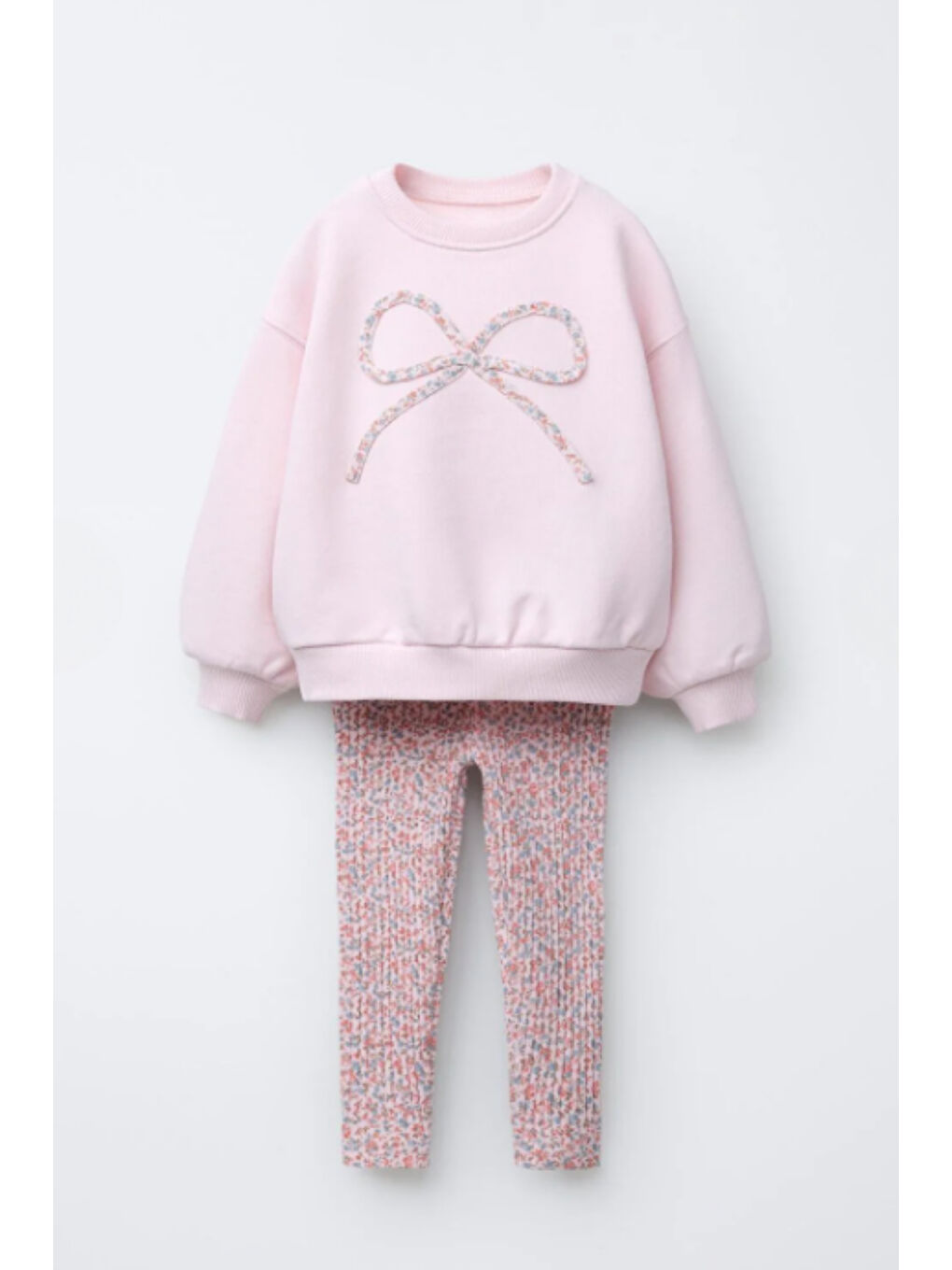 Pembe Kız Çocuk Fiyonk Detaylı Çiçek Desenli Tayt 3 İplik Takım Şardonsuz 2-6 Yaş 12321