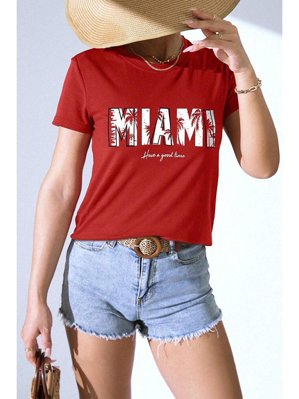 uyguntarz Kırmızı Unisex Miami Baskılı Oversize Tshirt - 1