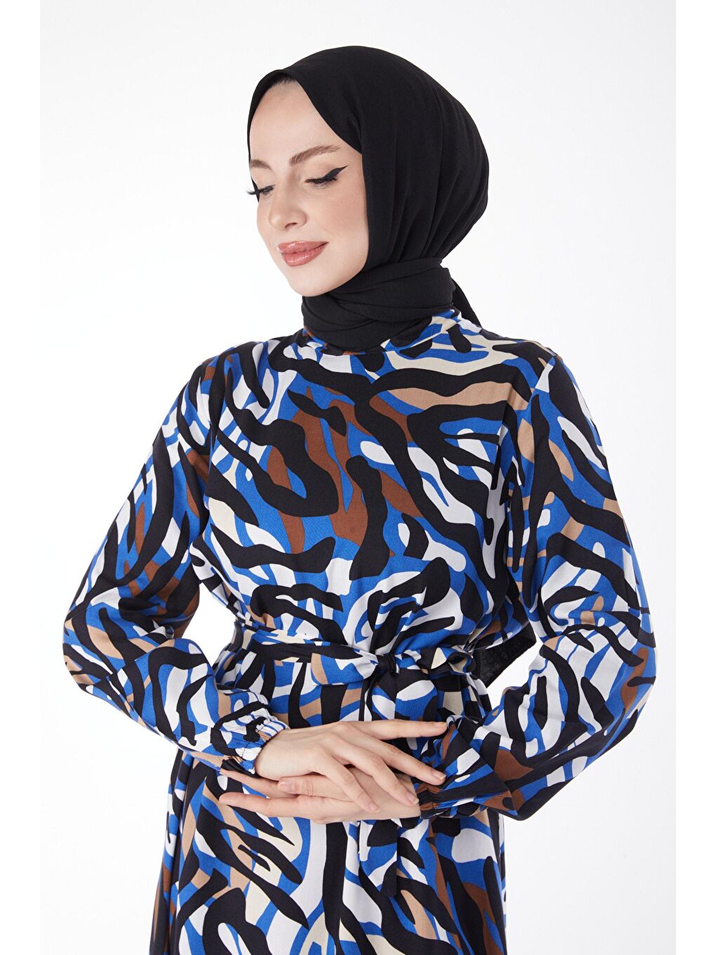 Hakim Yaka Kadın Mavi Kuşaklı Desenli Elbise - 24893-3