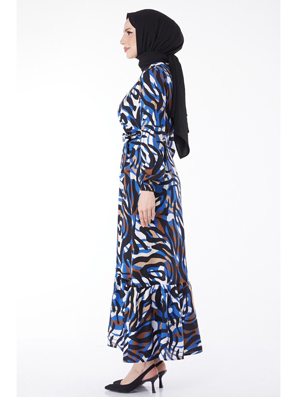 Hakim Yaka Kadın Mavi Kuşaklı Desenli Elbise - 24893-4