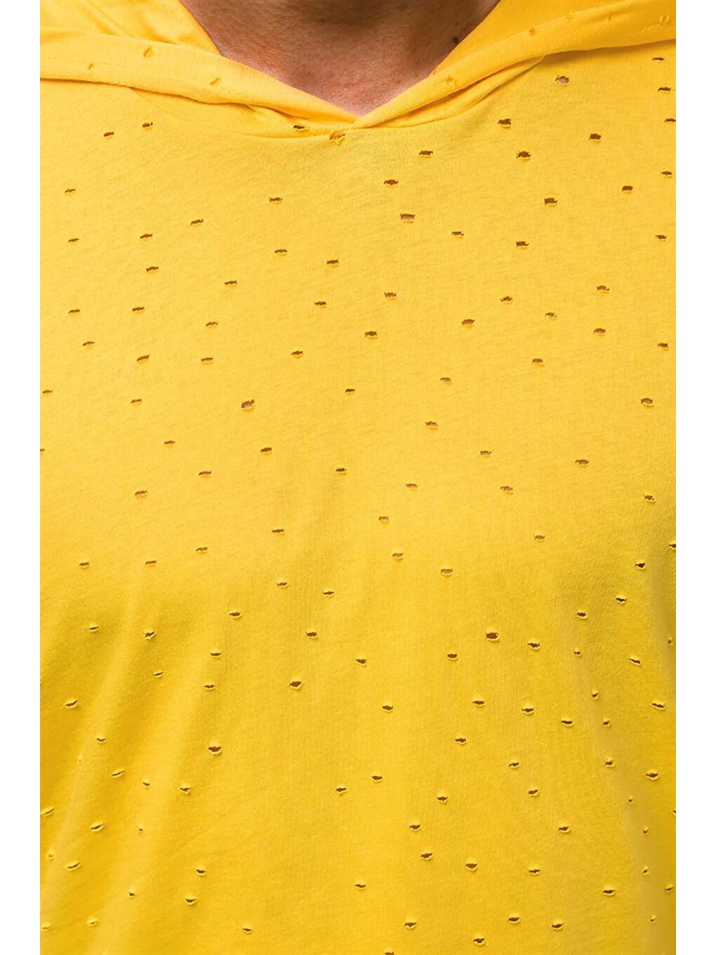 Yırtık Detaylı Sarı Kapüşonlu Tişört 3069-1