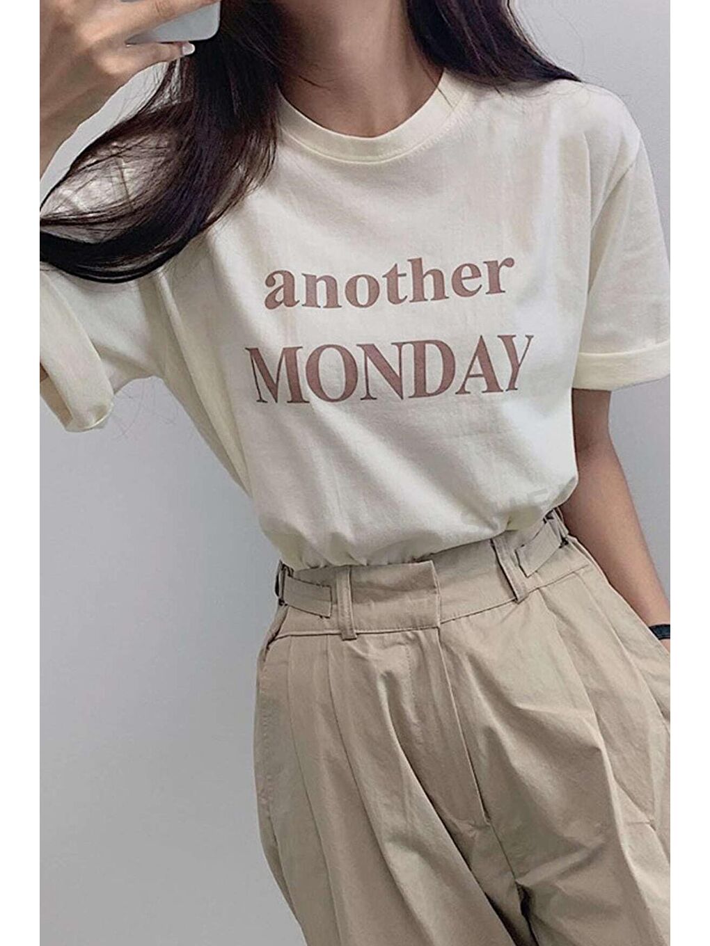 uyguntarz Bej Unisex Another Monday Baskılı Oversize Tshirt - 1