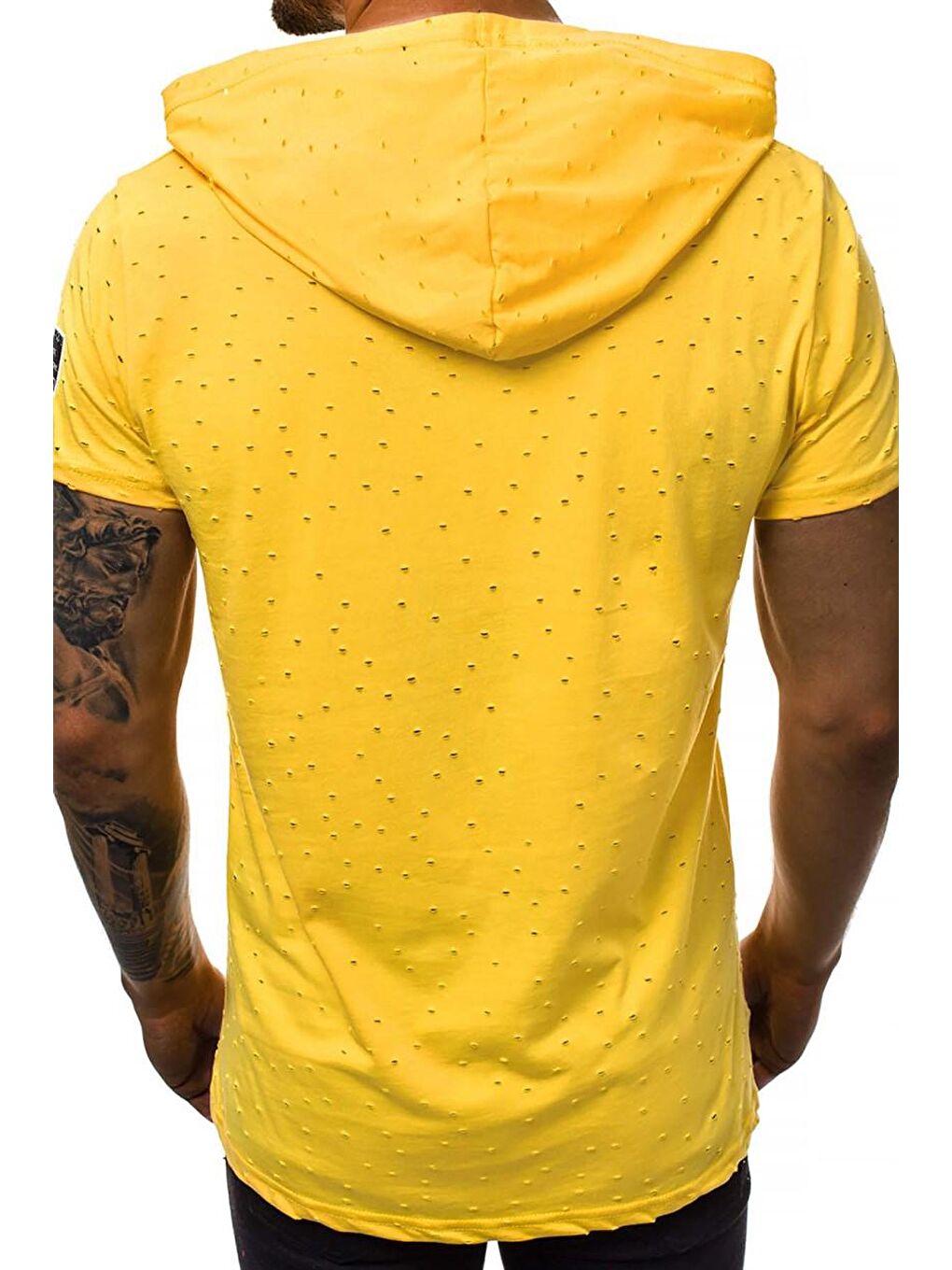 Yırtık Detaylı Sarı Kapüşonlu Tişört 3069-2