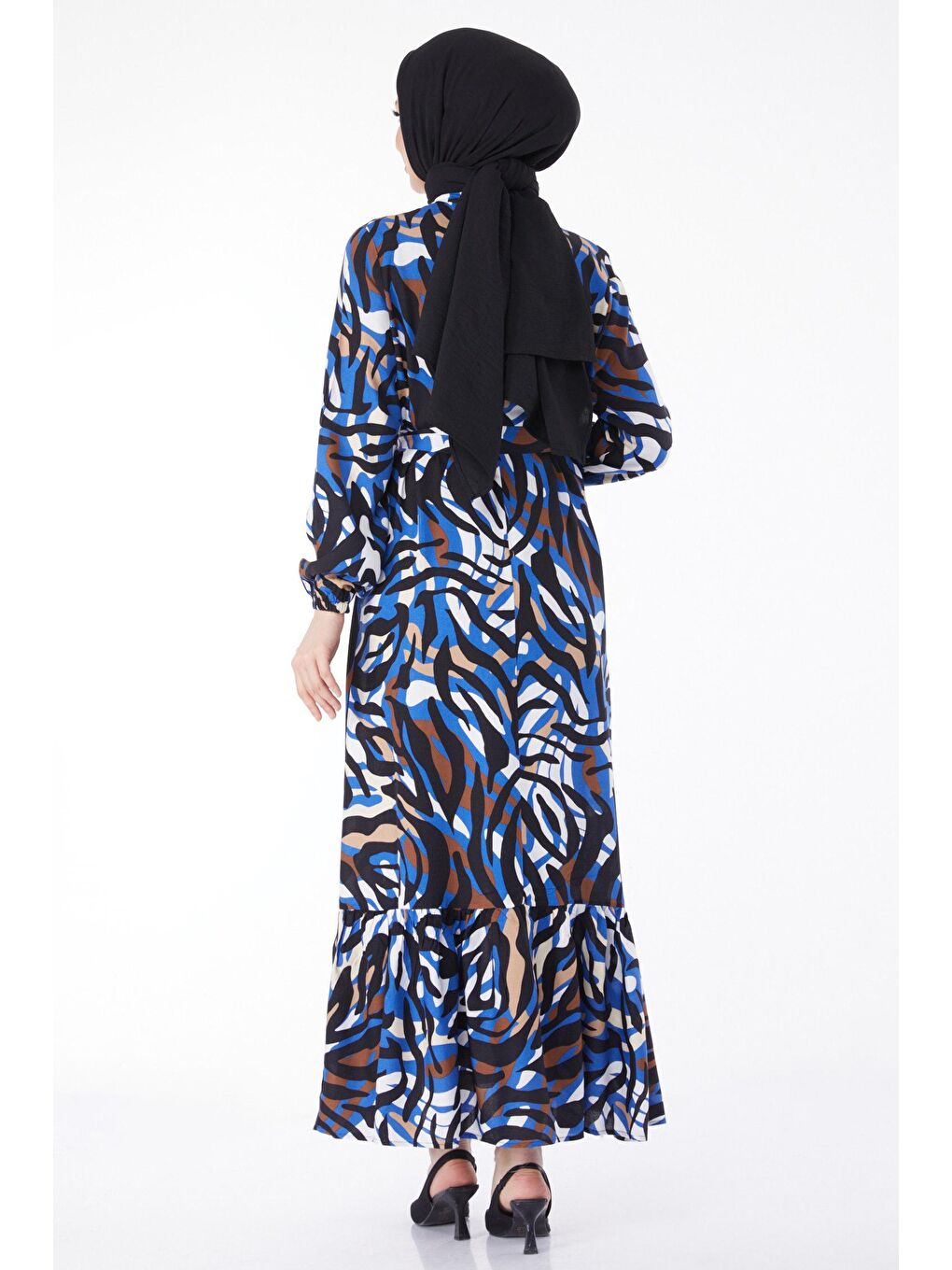 Hakim Yaka Kadın Mavi Kuşaklı Desenli Elbise - 24893-5