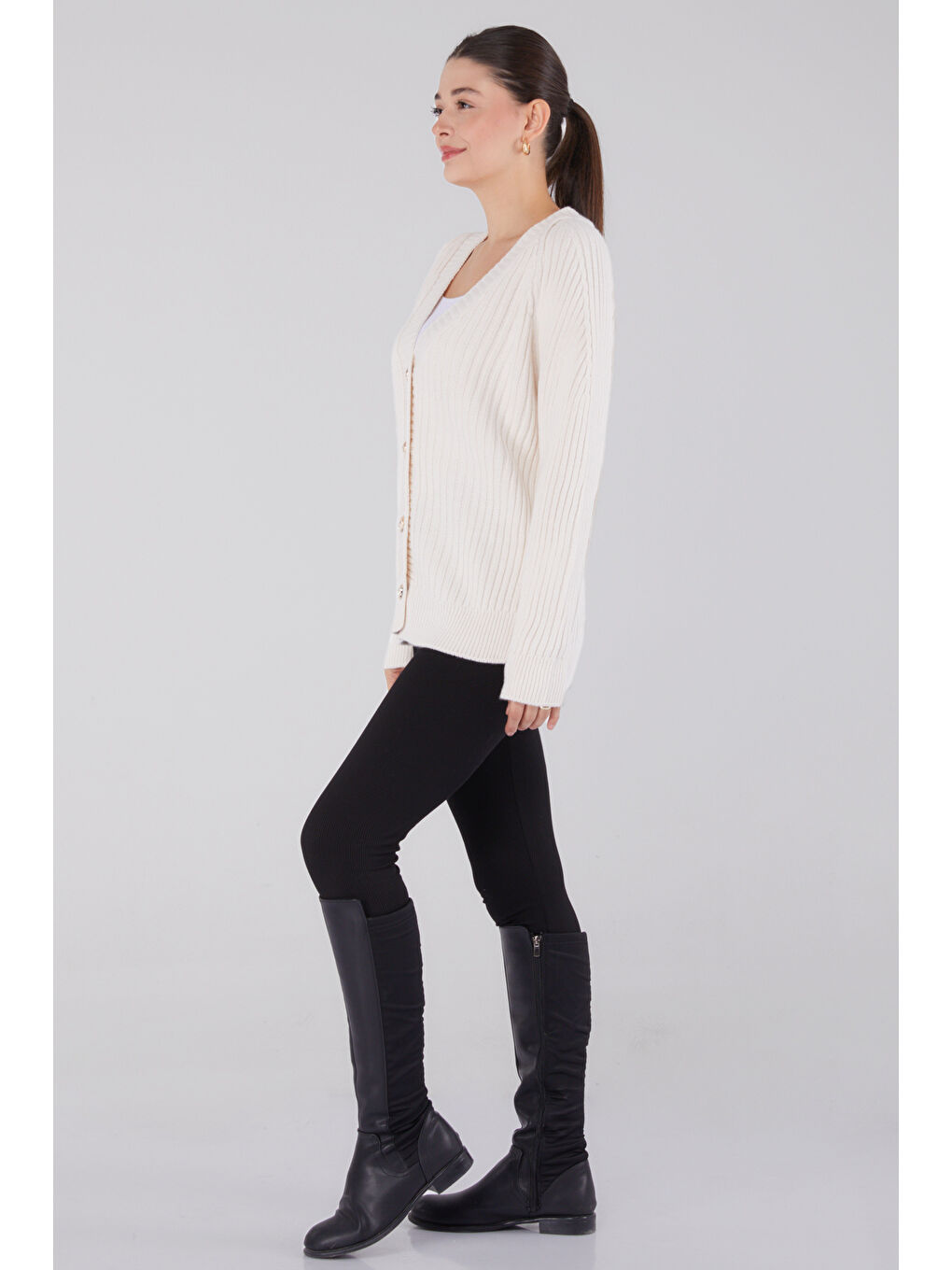 Düğmeli Fitilli Triko Hırka Bej - 27665-3