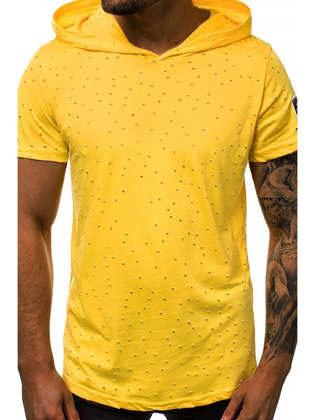 Yırtık Detaylı Sarı Kapüşonlu Tişört 3069-3