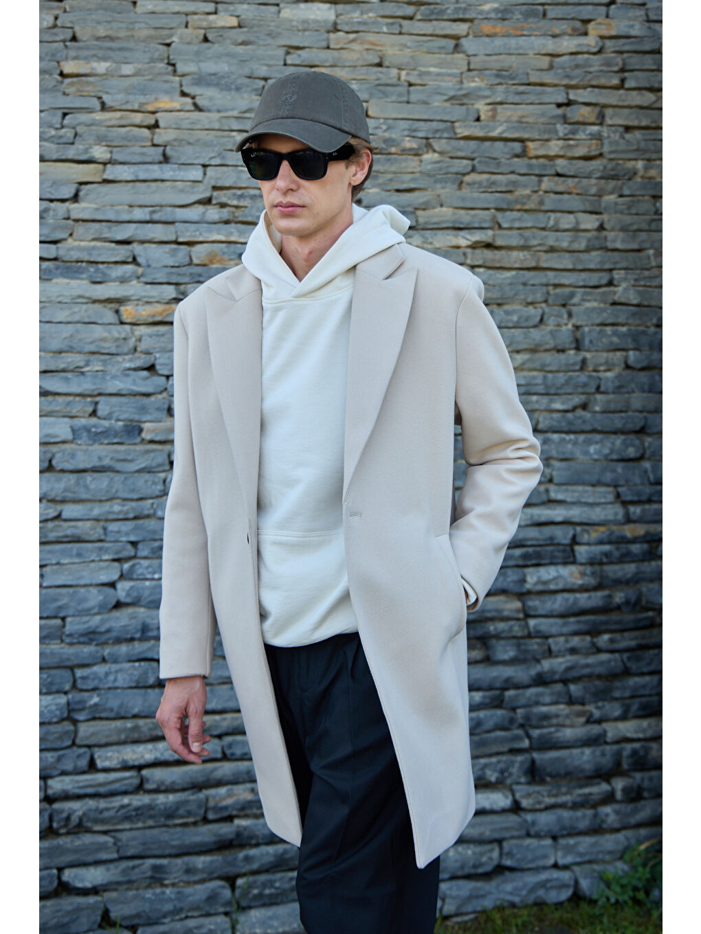 Erkek Rahat Kesim Kaşe Palto Ekru-1