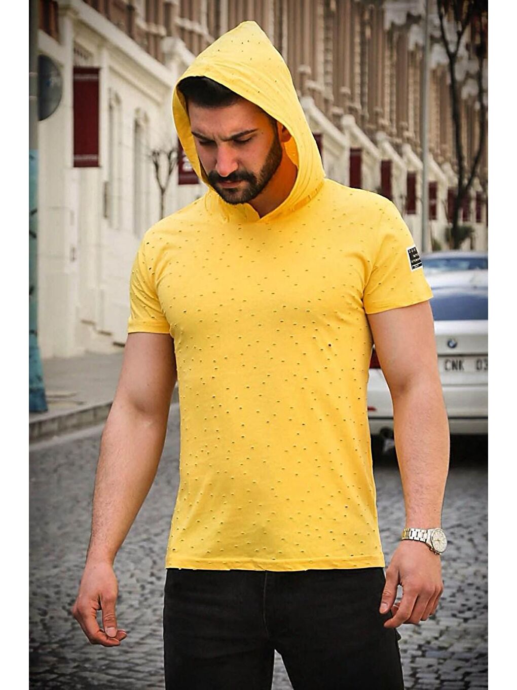 Yırtık Detaylı Sarı Kapüşonlu Tişört 3069-4