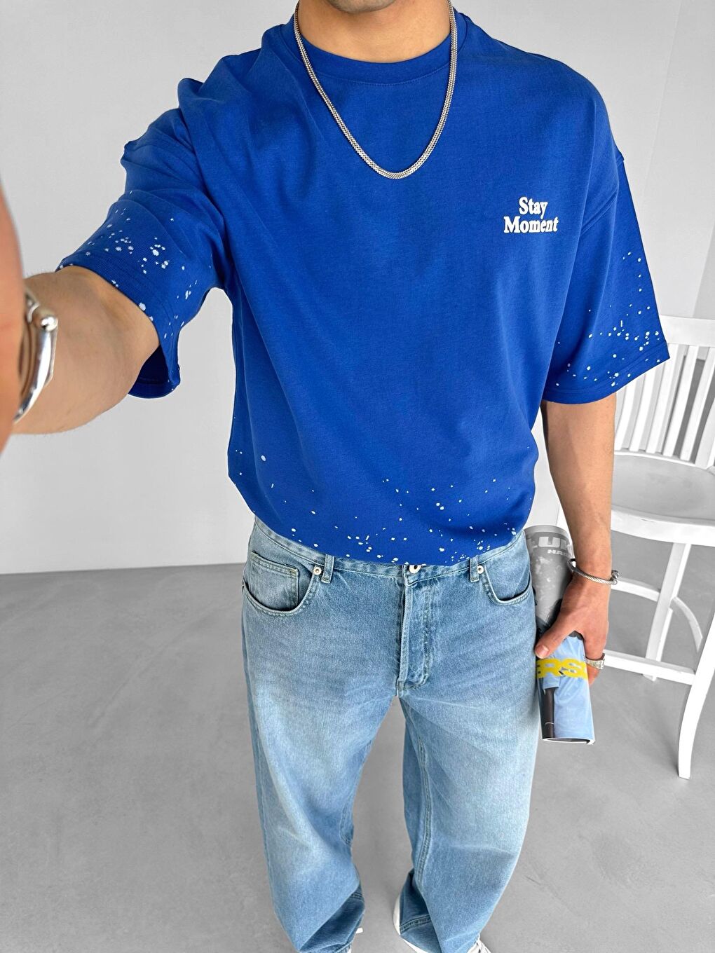 Erkek Oversize Dokulu Baskılı %100 Pamuk Tişört Lacivert-1