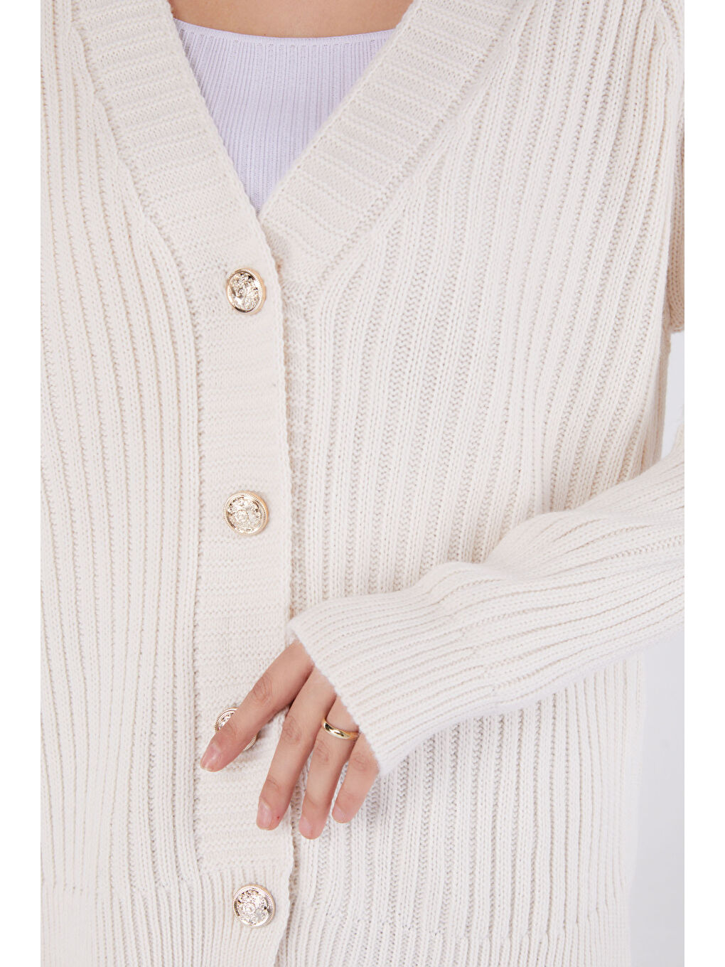 Düğmeli Fitilli Triko Hırka Bej - 27665-5