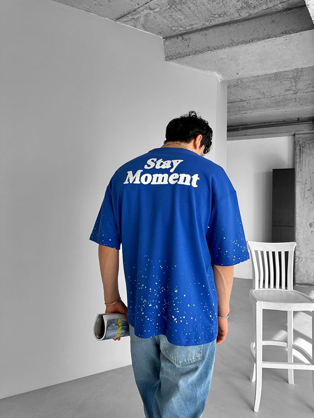 Erkek Oversize Dokulu Baskılı %100 Pamuk Tişört Lacivert-2