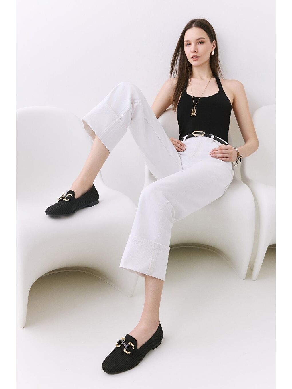 Kadın Siyah Örgü Detaylı Tokalı Günlük Loafer-2