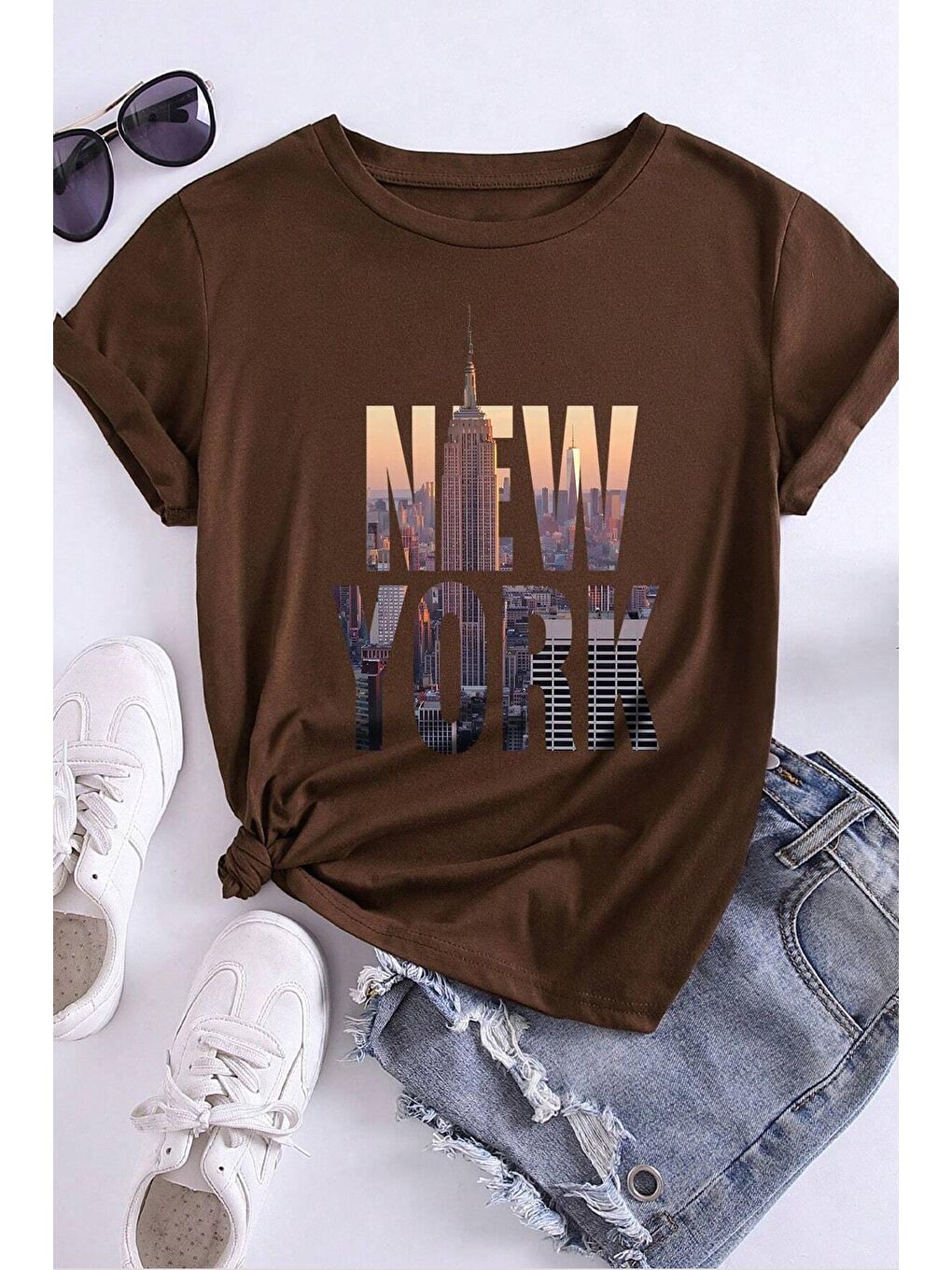 uyguntarz Kahverengi Unisex New York Baskılı Oversize Tshirt