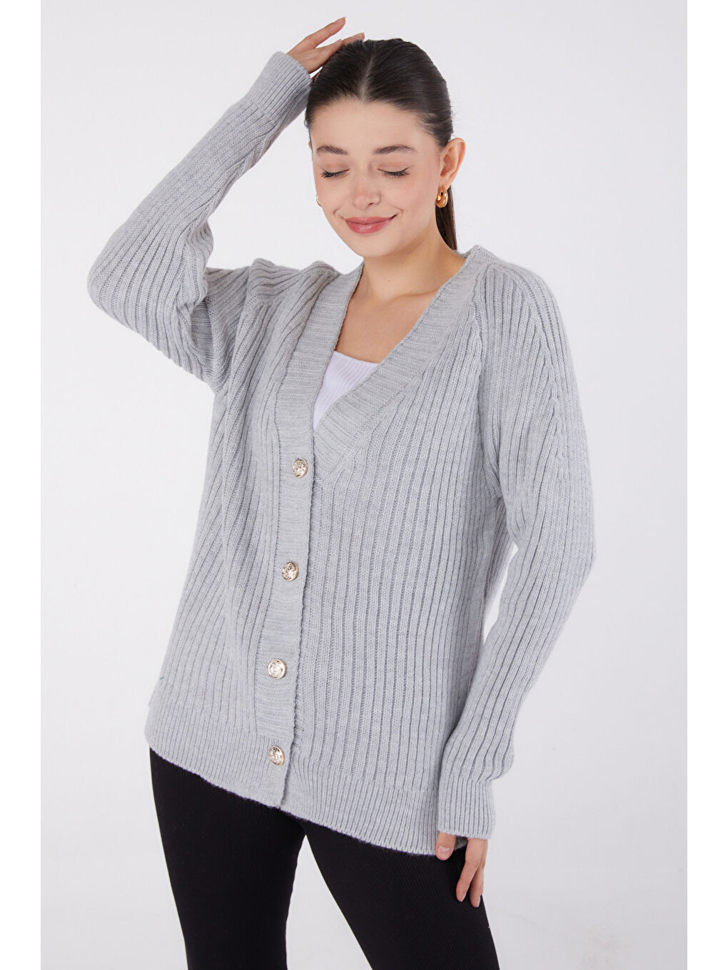 Düğmeli Fitilli Triko Hırka Gri - 27665