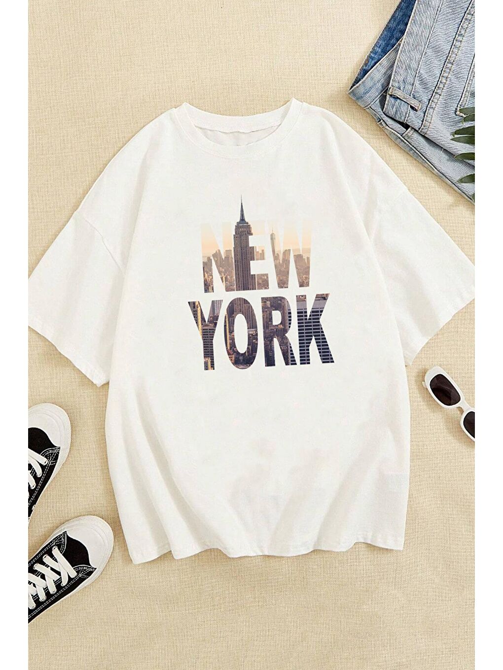 uyguntarz Beyaz Unisex New York Baskılı Oversize Tshirt