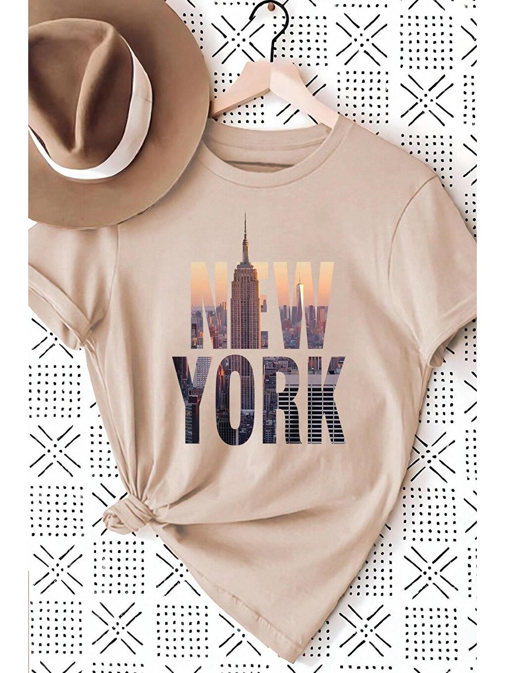 uyguntarz Bej Unisex New York Baskılı Oversize Tshirt