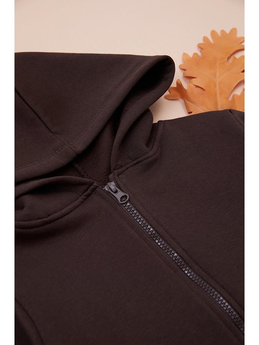 Kahverengi Kapüşonlu Fermuarlı Unisex Çocuk Sweatshirt-1