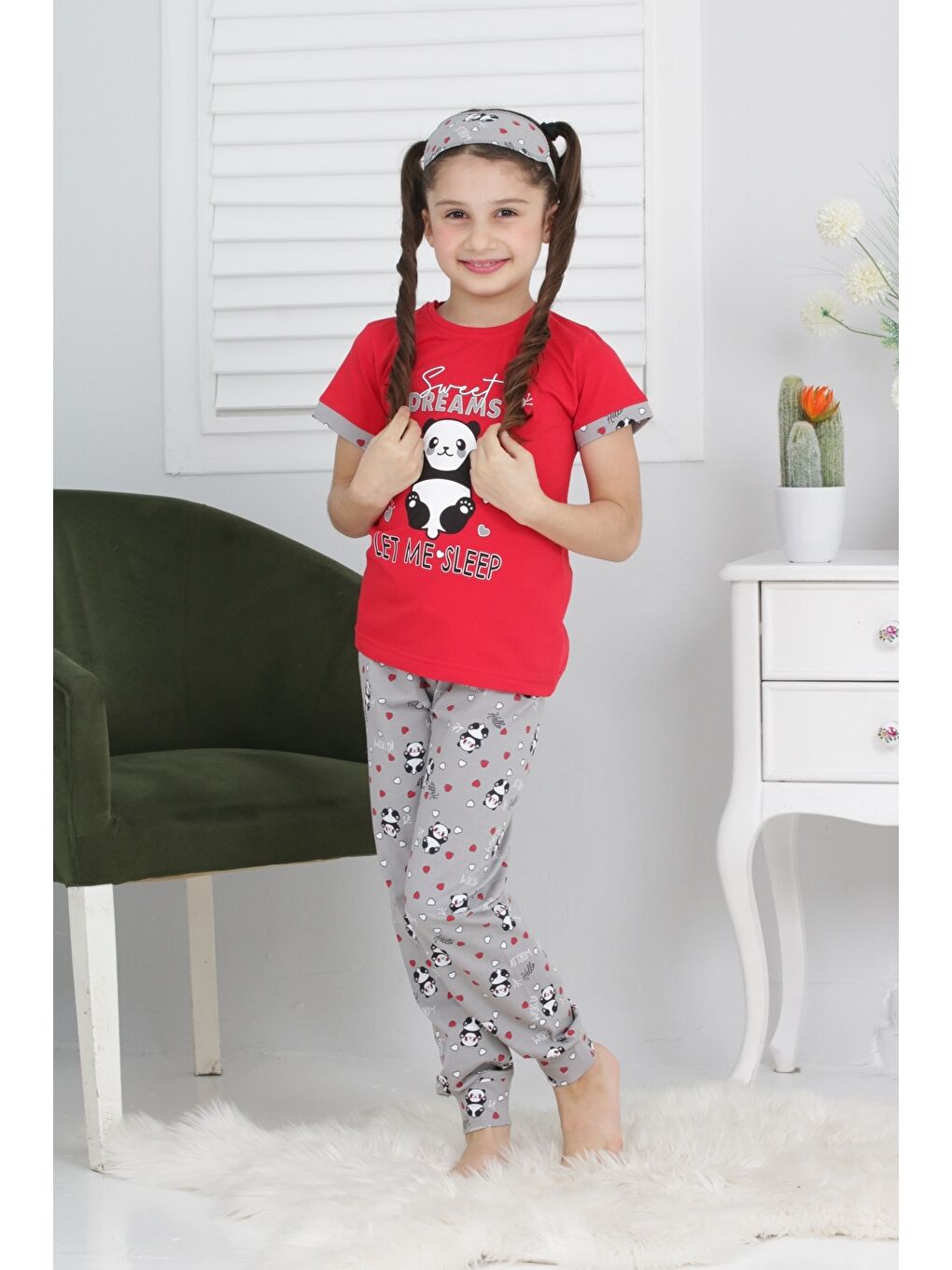 Kapi Kids Kırmızı Kız Çocuk Uyku Bantlı-Pandalı Pijama Takımı