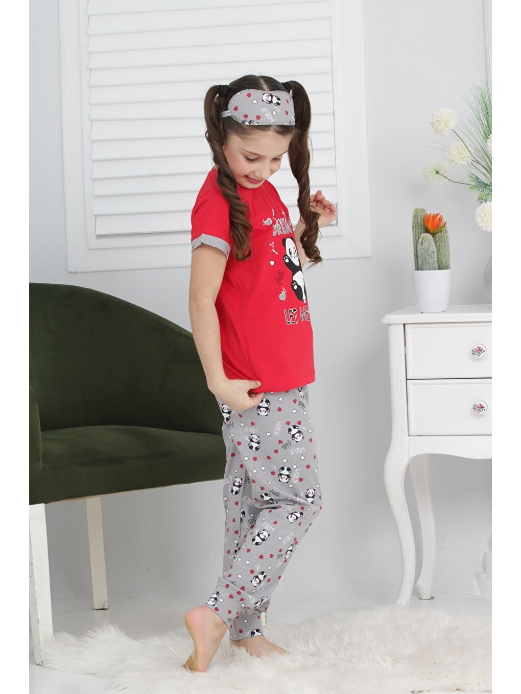 Kapi Kids Kırmızı Kız Çocuk Uyku Bantlı-Pandalı Pijama Takımı - 1