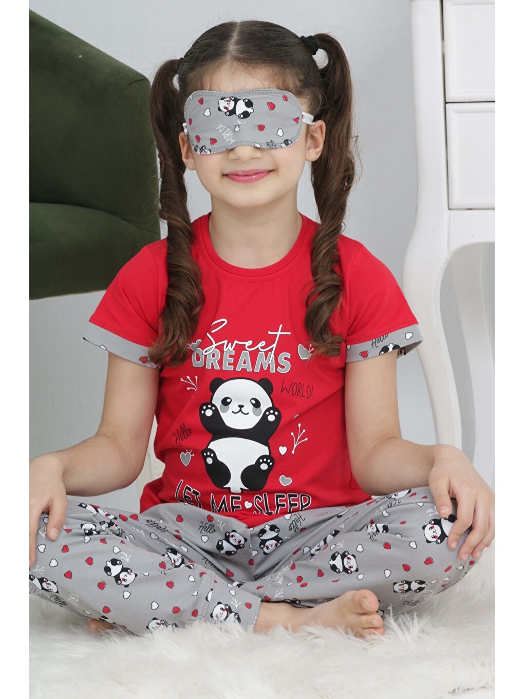 Kapi Kids Kırmızı Kız Çocuk Uyku Bantlı-Pandalı Pijama Takımı - 2