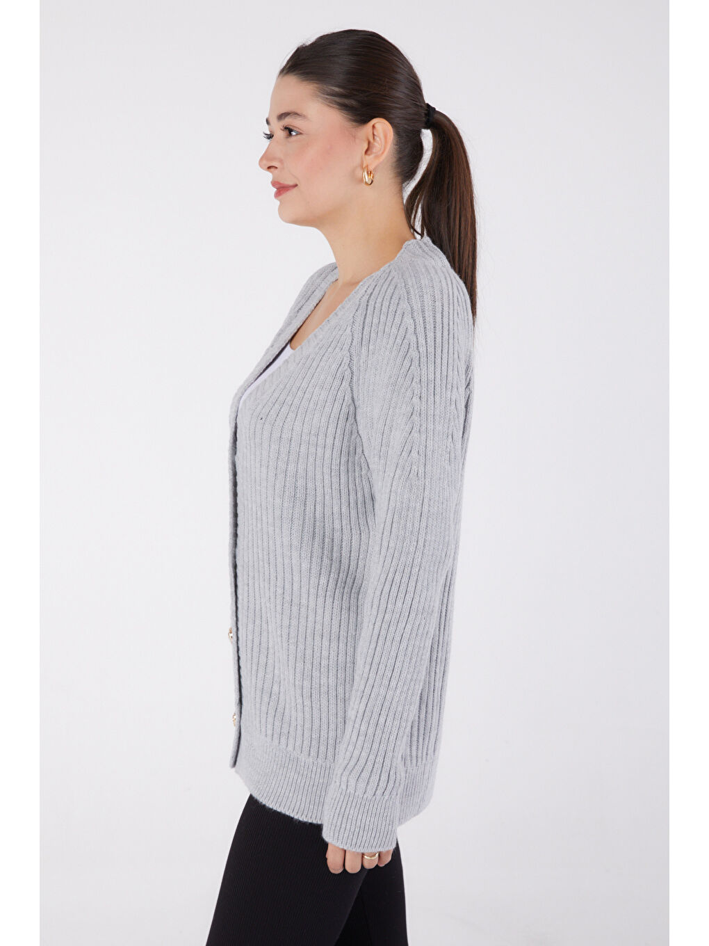 Düğmeli Fitilli Triko Hırka Gri - 27665-3