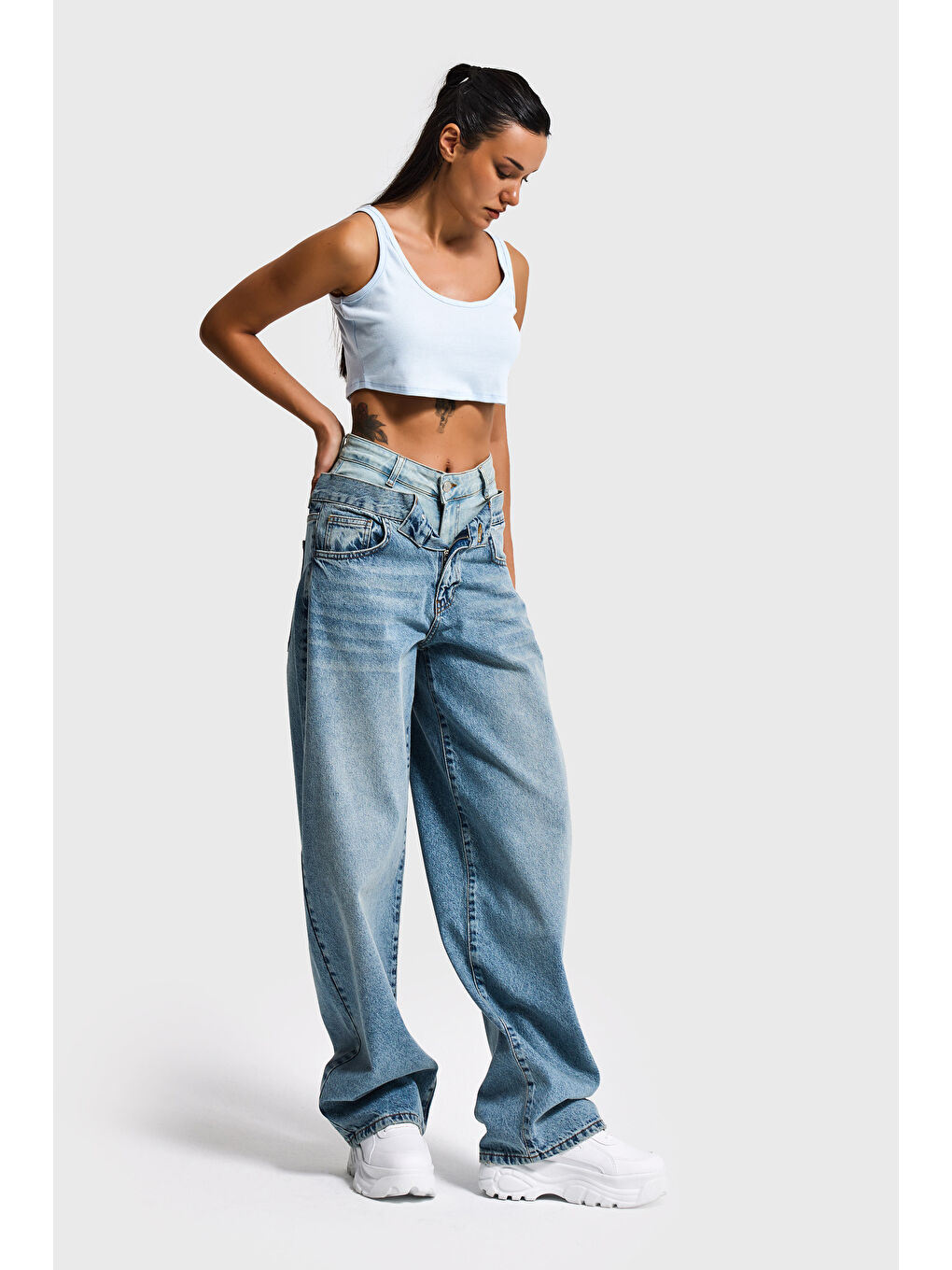 Mavi Kadın Jean Rengi 4s6-32 Barrel Fit Bol Kesim Çift Kemer Detaylı Tasarım Denim Jean-2