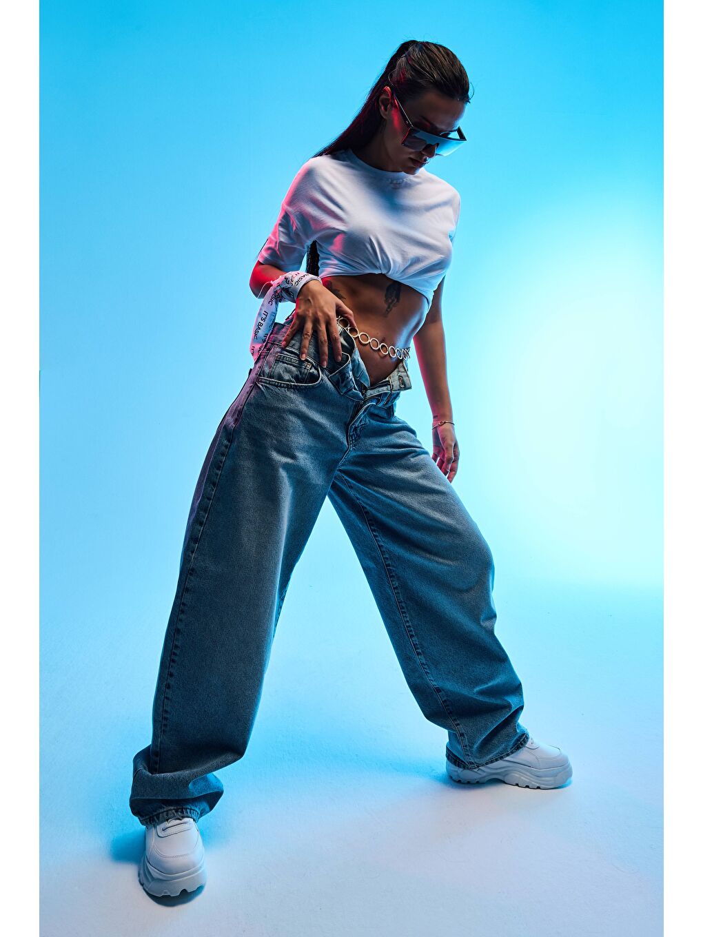 Mavi Kadın Jean Rengi 4s6-32 Barrel Fit Bol Kesim Çift Kemer Detaylı Tasarım Denim Jean-3