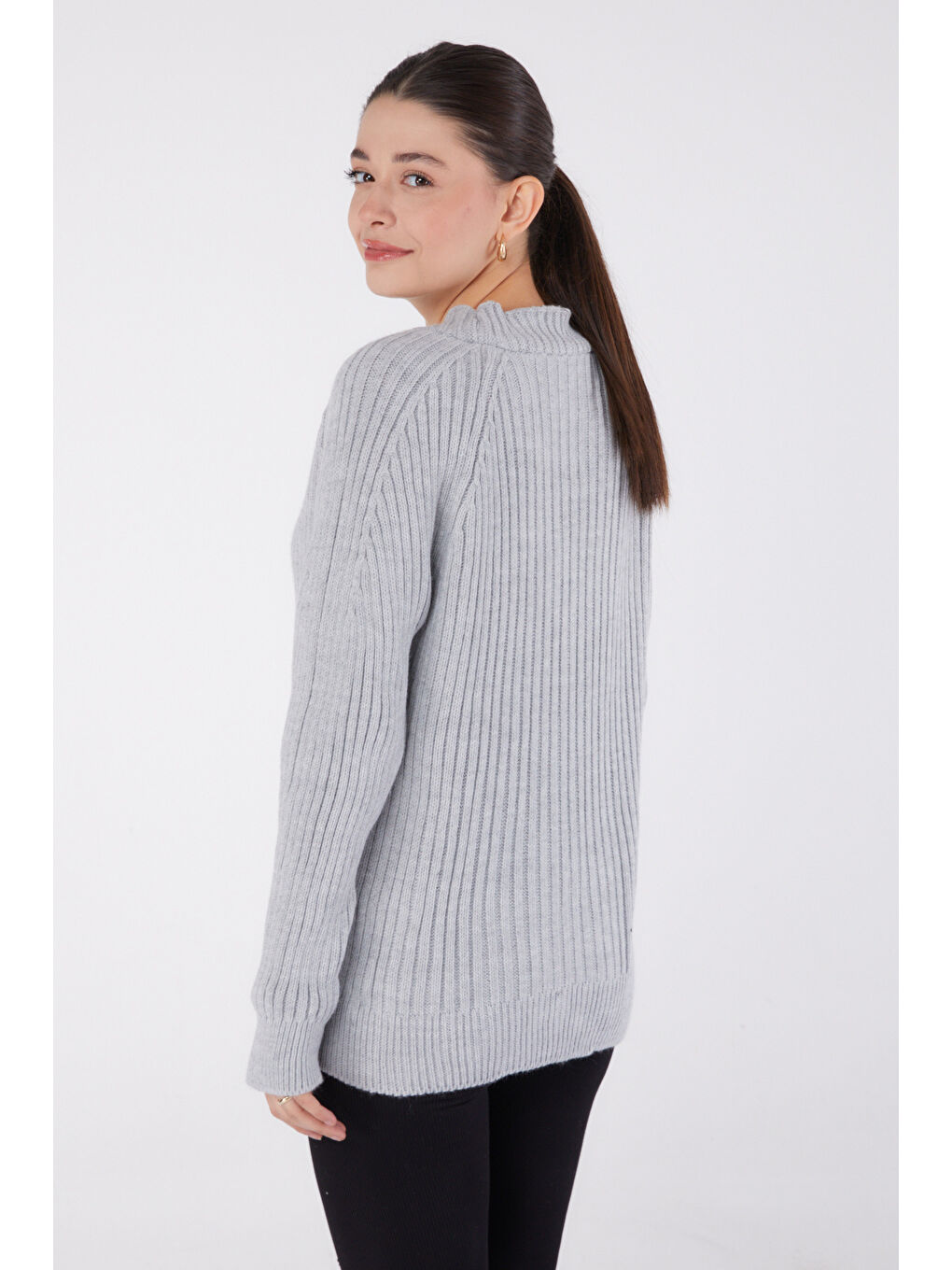 Düğmeli Fitilli Triko Hırka Gri - 27665-4