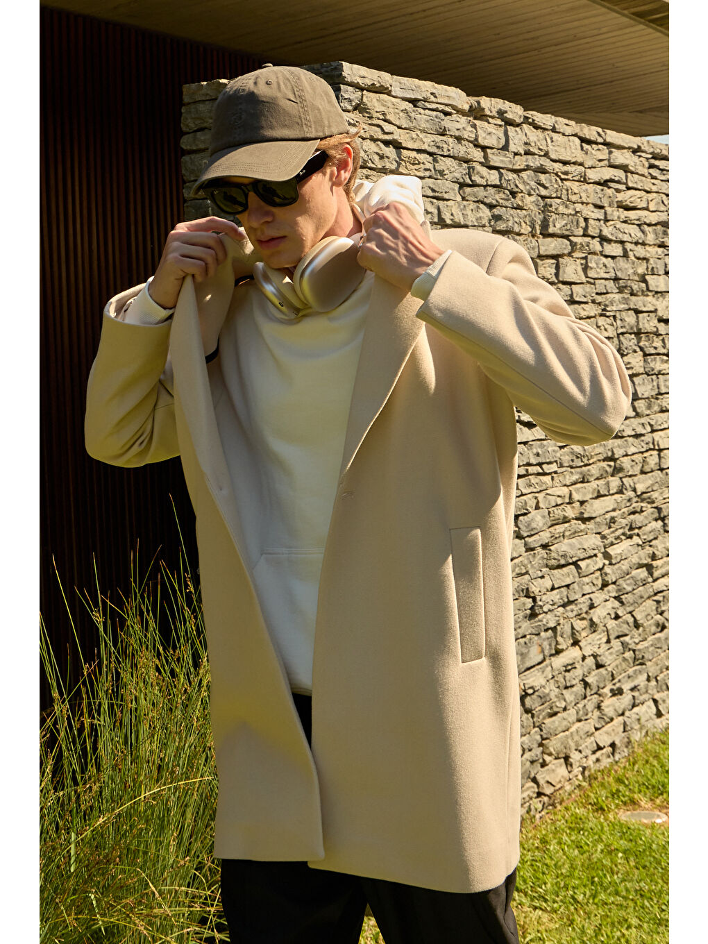 Erkek Rahat Kesim Kaşe Palto Ekru-4