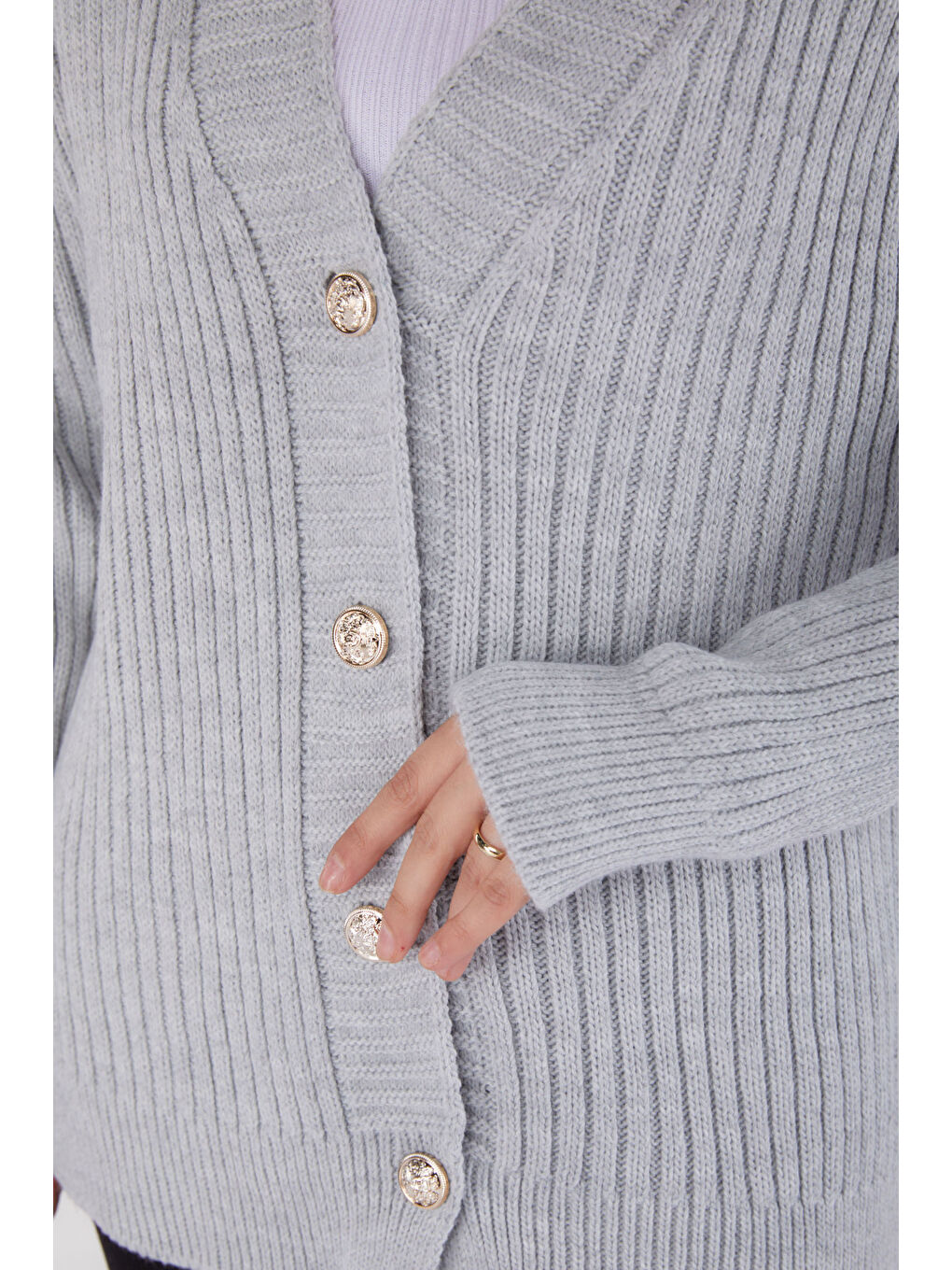 Düğmeli Fitilli Triko Hırka Gri - 27665-5