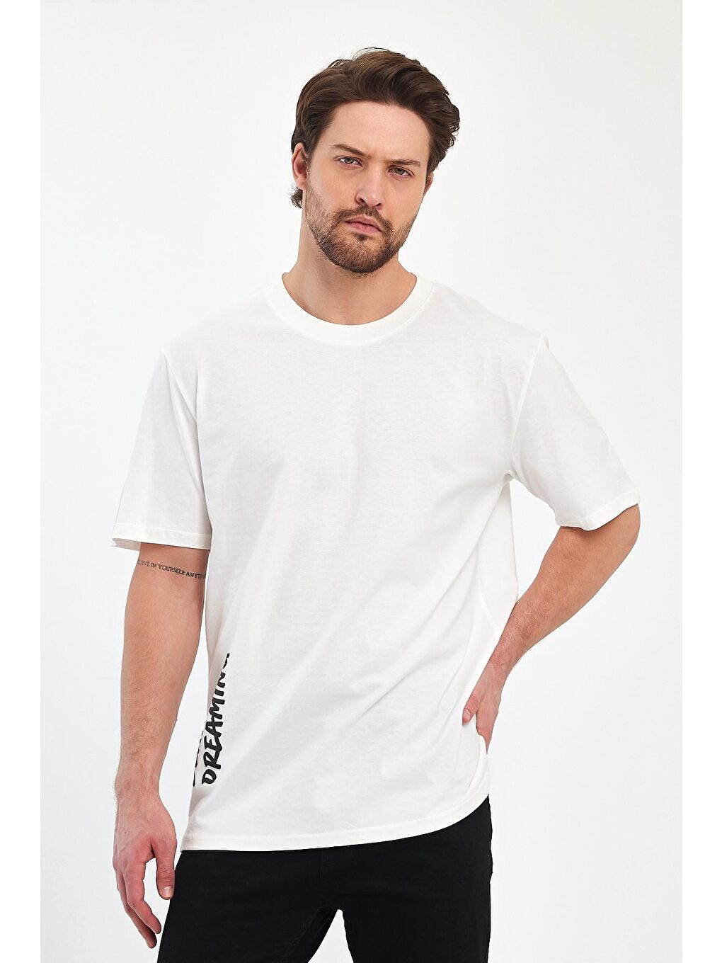 Beyaz Arkası Baskılı Bisiklet Yaka Erkek Tişört 2750