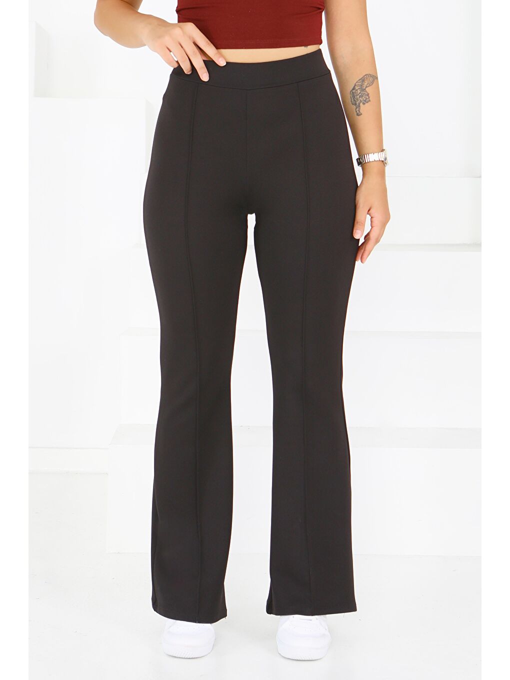 Çımalı İspanyol Paça Krep Pantolon Siyah - 27623-1