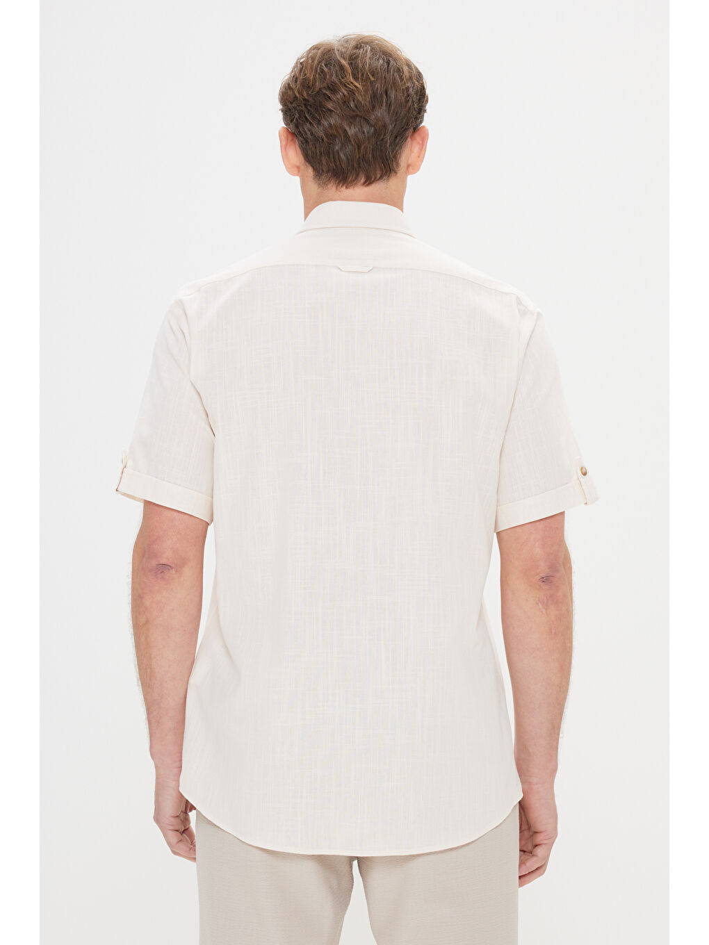 Erkek Bej Comfort Fit Rahat Kesim Gizli Düğmeli Yaka Keten Görünümlü %100 Pamuk Flamlı Gömlek-4