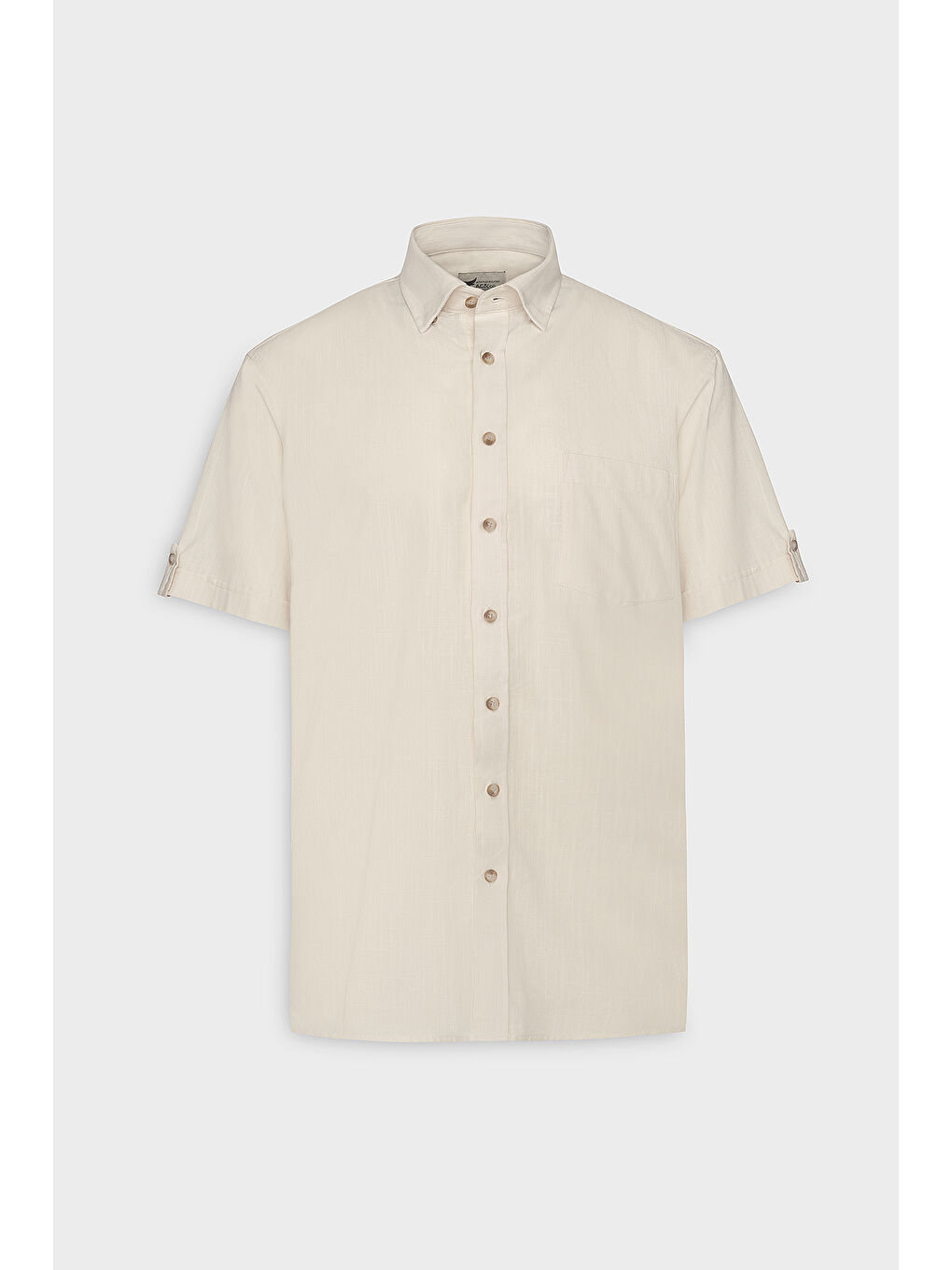 Erkek Bej Comfort Fit Rahat Kesim Gizli Düğmeli Yaka Keten Görünümlü %100 Pamuk Flamlı Gömlek-5