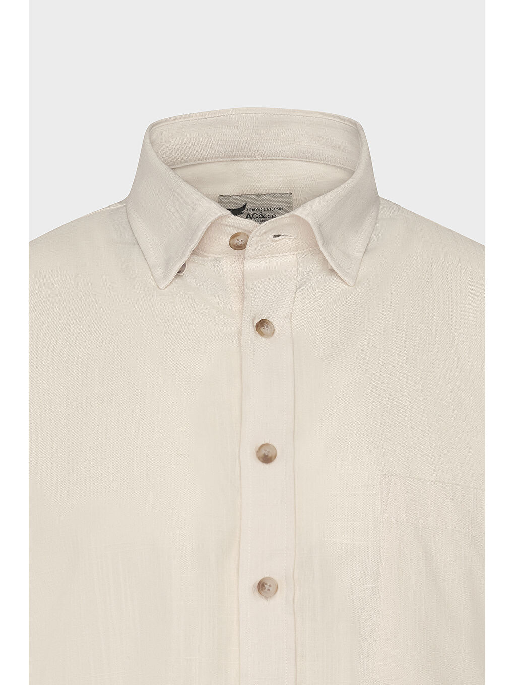 Erkek Bej Comfort Fit Rahat Kesim Gizli Düğmeli Yaka Keten Görünümlü %100 Pamuk Flamlı Gömlek-6