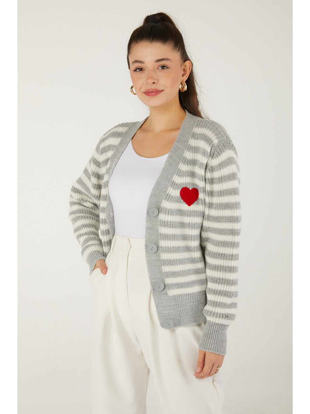 Çizgili Kalpli Triko Hırka Gri - 27637