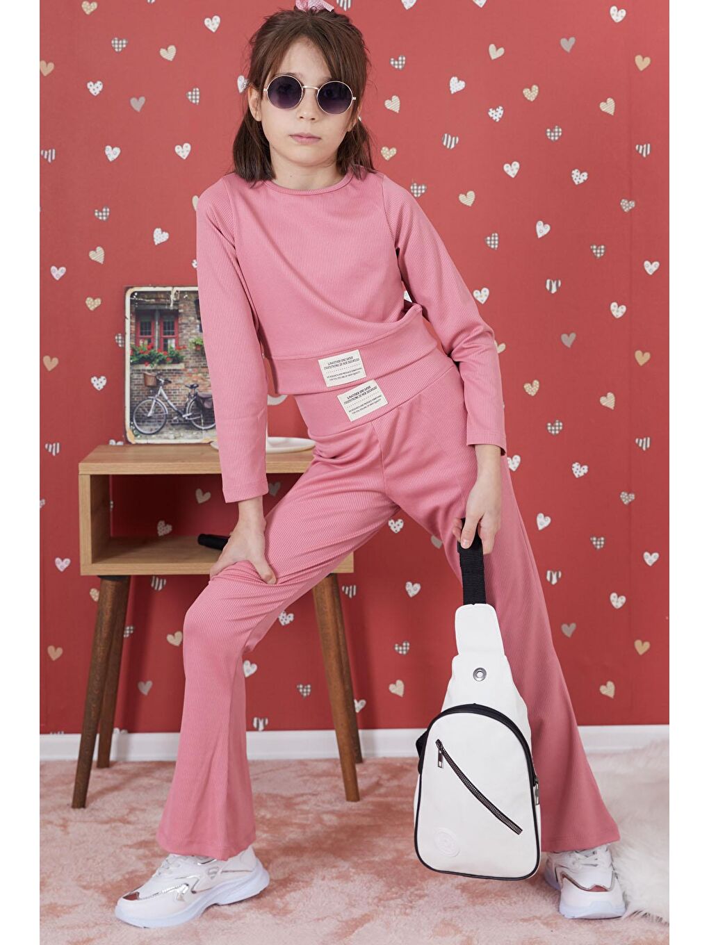 Pembe Fitilli İspanyol Paça Kız Çocuk Crop Takım 17258